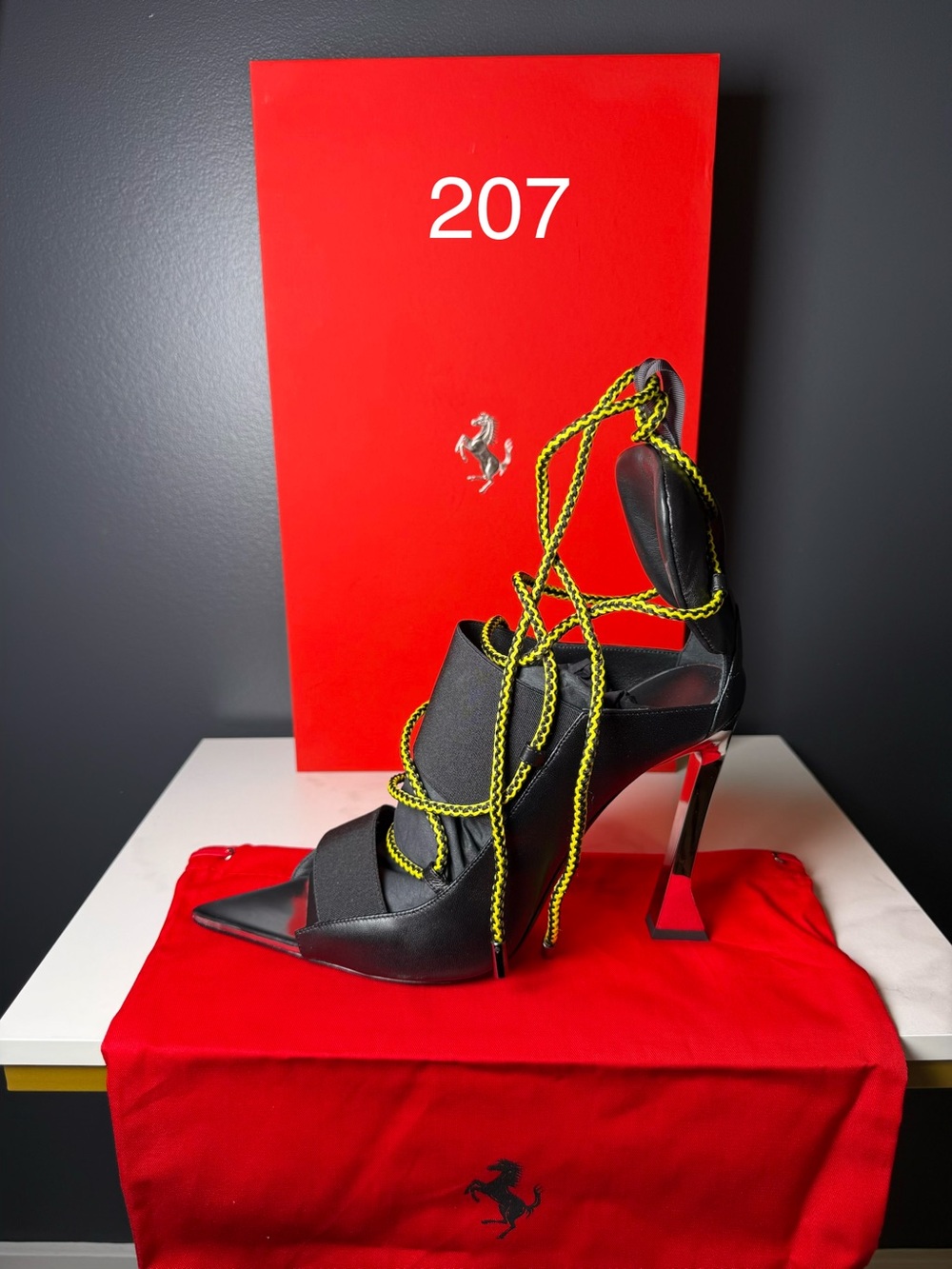 Ferrari Black Pointed Lace-Up Stiletto with Neon Yellow Laces